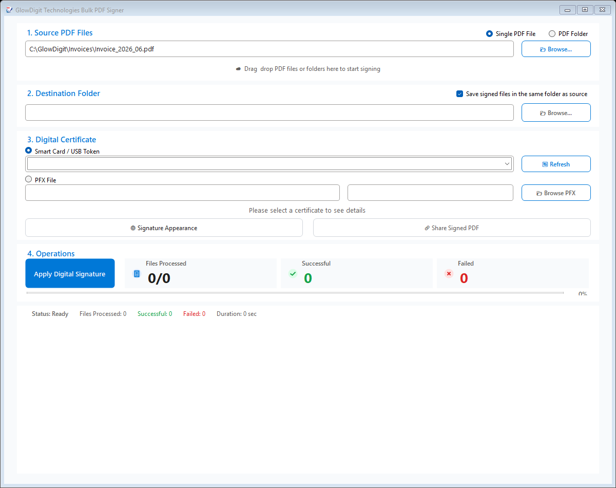 GlowDigit PDF Signer PDF selection interface to load files and folders locally