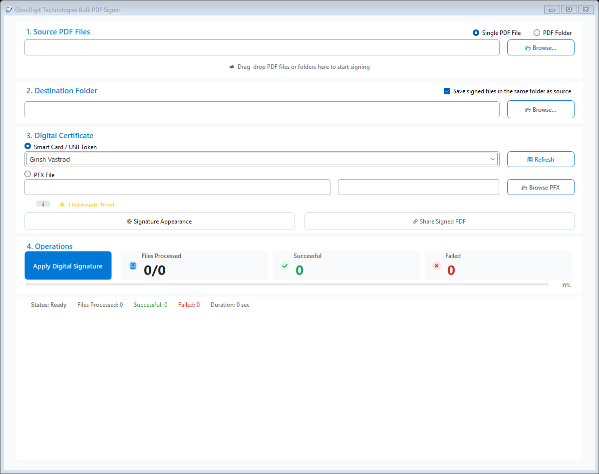 GlowDigit PDF Signer Certificate Selection dialog showing detected USB tokens and certificates