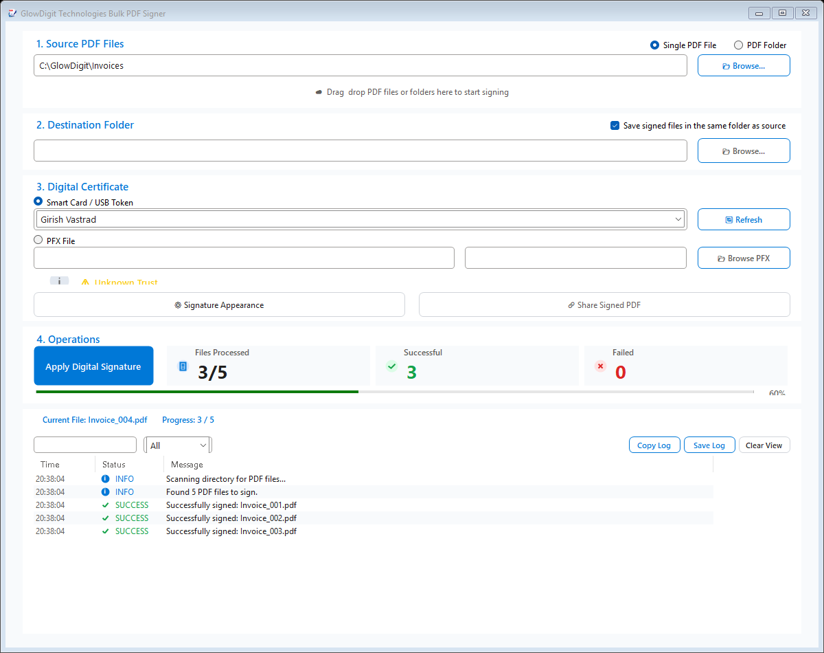GlowDigit PDF Signer Folder Bulk Signing progress dashboard