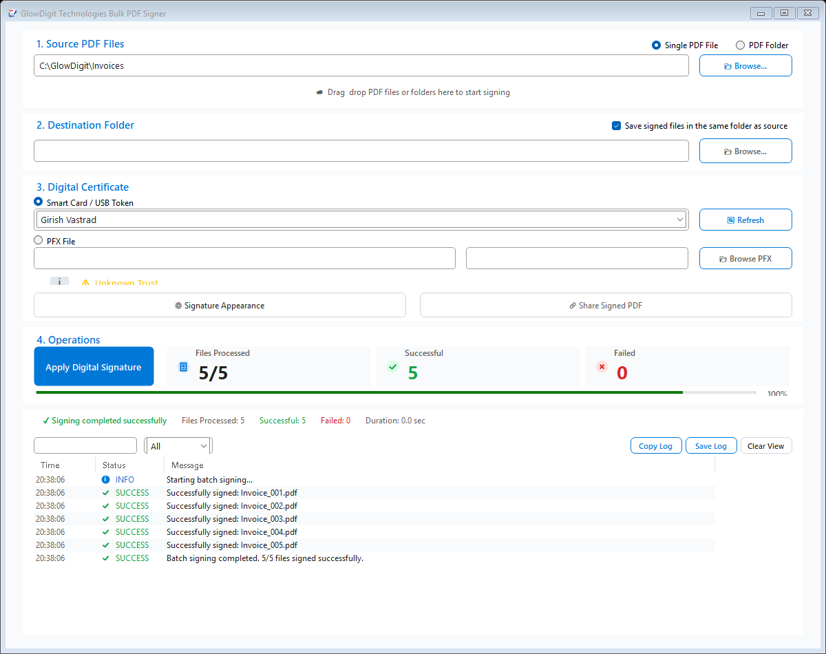 GlowDigit PDF Signer Success screen showing completed operations logs