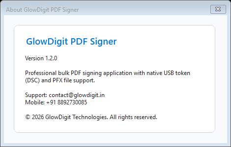 GlowDigit PDF Signer About dialog showing version details and build information
